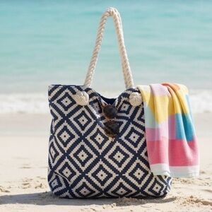 Summer & Rose Navy White Geometric Tote Bag | Rope Handle Beach Tote